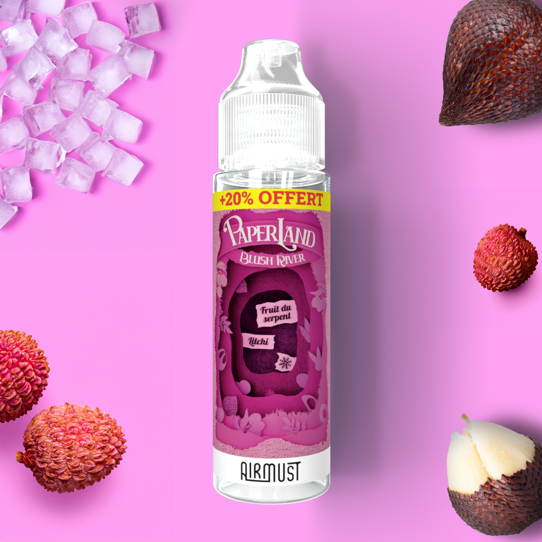 Paperland • Blush River 60ml Naviguez sur les flots d'un jus frais de fruit du serpent mélangé à la délicate saveur du litchi. 