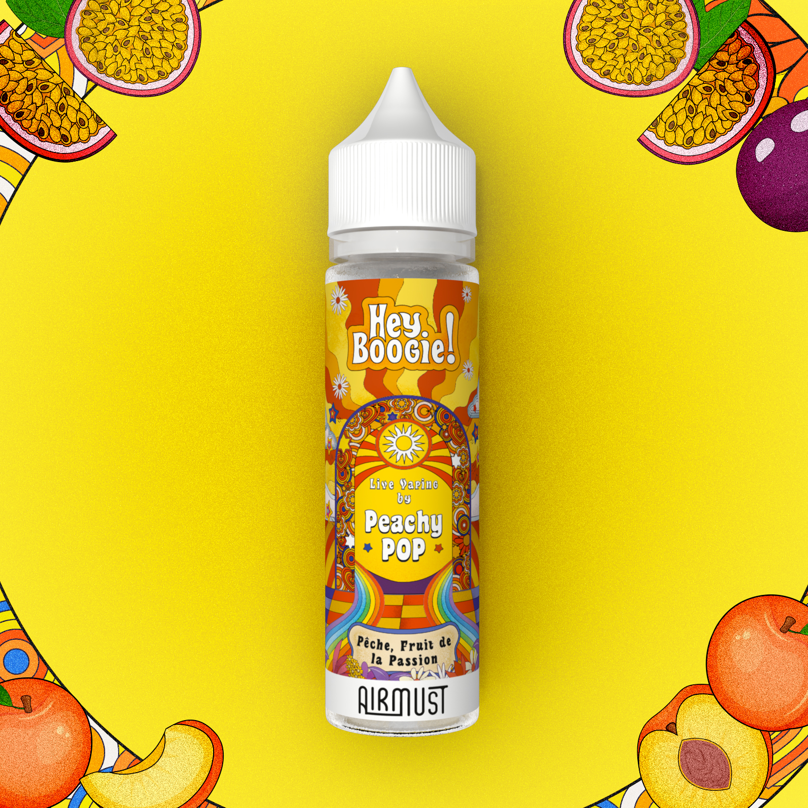 Hey Boogie • Peachy Pop 60ml Profitez d’un sunset sur la plage avec votre Peachy Pop : la saveur d’une pêche bien mûre mêlée à l’acidité du fruit de la passion. 