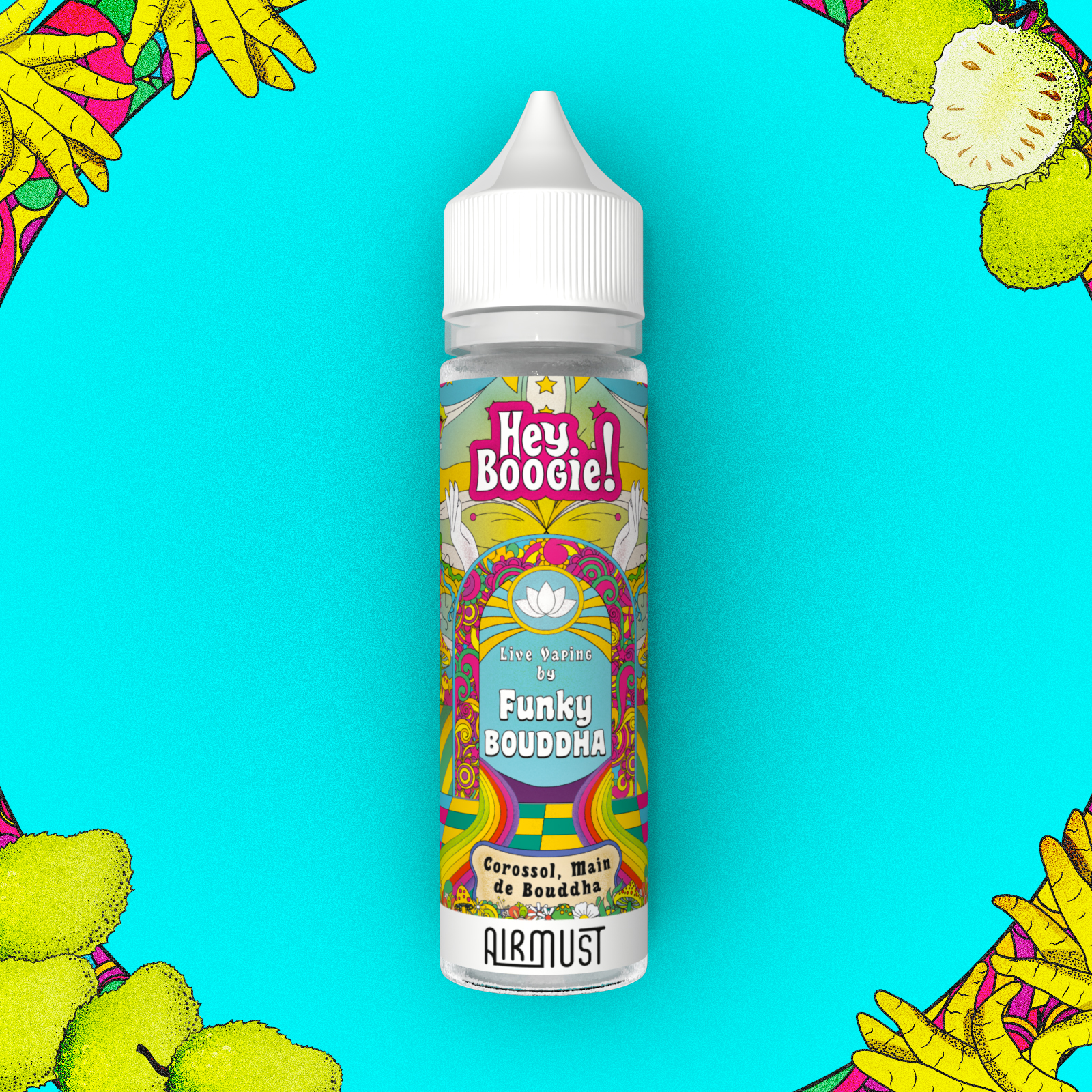 Hey Boogie • Funky Bouddha 60ml Idéal pour un apéro au soleil, Funky Bouddha est un exotique mélange entre un jus sucré de corossol et une main de Bouddha, un agrume apportant une délicate saveur citronnée.
