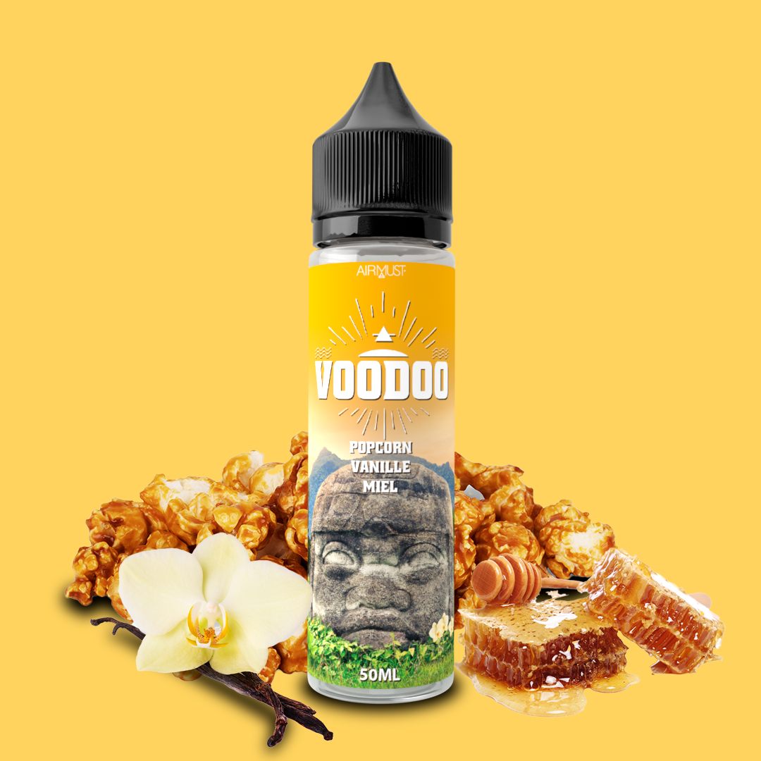 VOODOO • Popcorn Vanille Miel 60ml Un popcorn à la vanille twisté avec une note de miel d’Arganier.