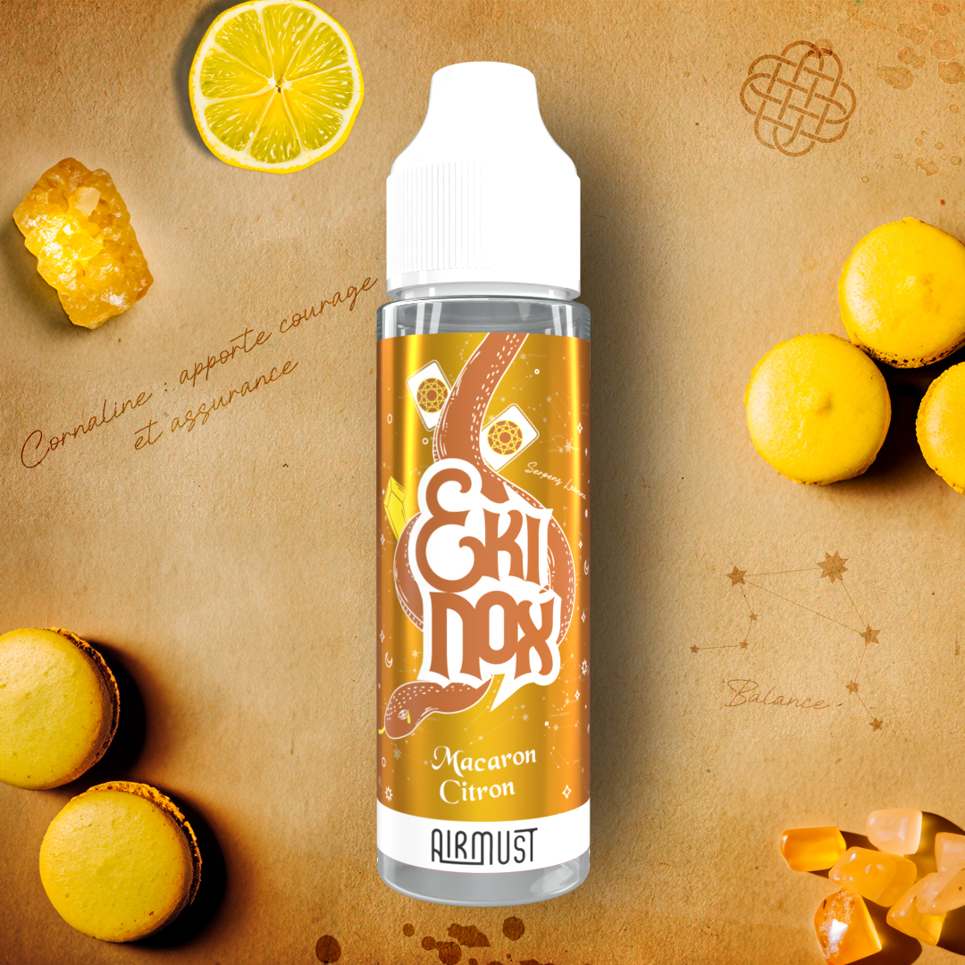 Ekinox • Macaron Citron 60ml L'ensorcelant petit gâteau à vaper : une coque à l'amande et une ganache bien citronnée. Un mélange à la fois sucré, doux et acidulé. 