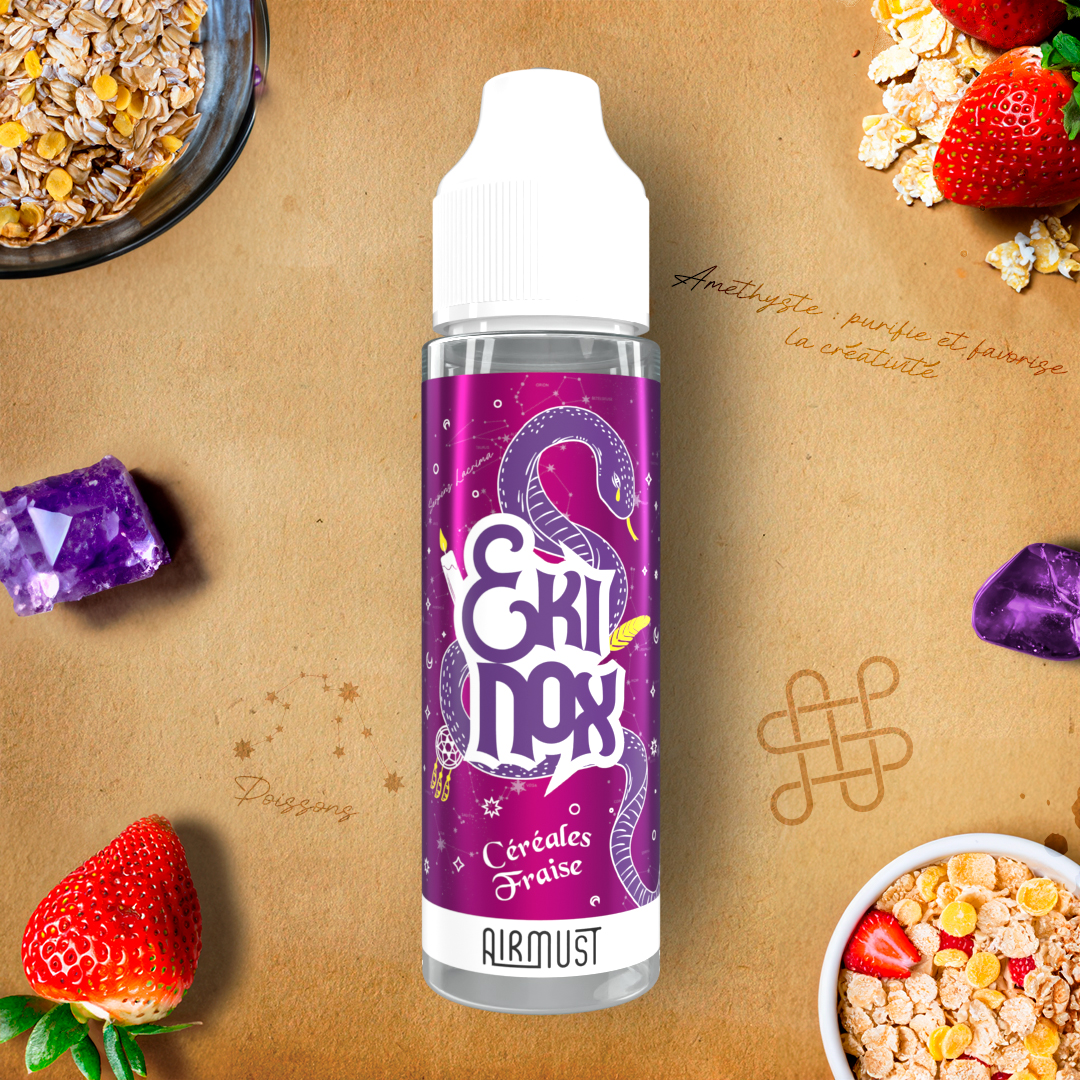 Ekinox • Céréales Fraise 60ml .  Un féerique mélange de céréales, riz soufflé et de pop-corn associé à des fraises fraîches, à vaper au quotidien ! 