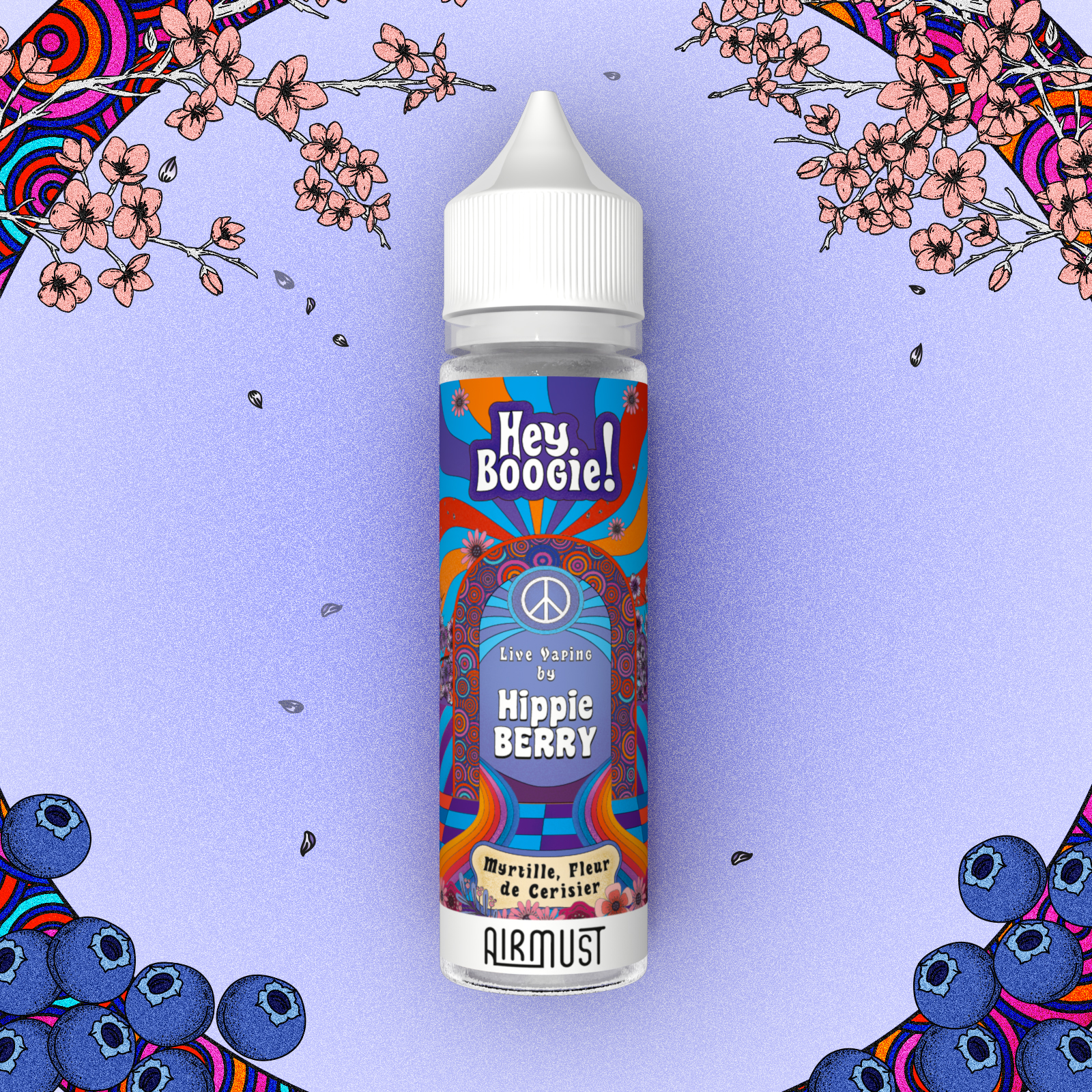 Hey Boogie • Hippie Berry 60ml Réservez votre pass pour un live vaping by Hippie Berry : le duo entre une myrtille bien sucrée et une fleur de cerisier, apportant une délicate note fraîche et florale.