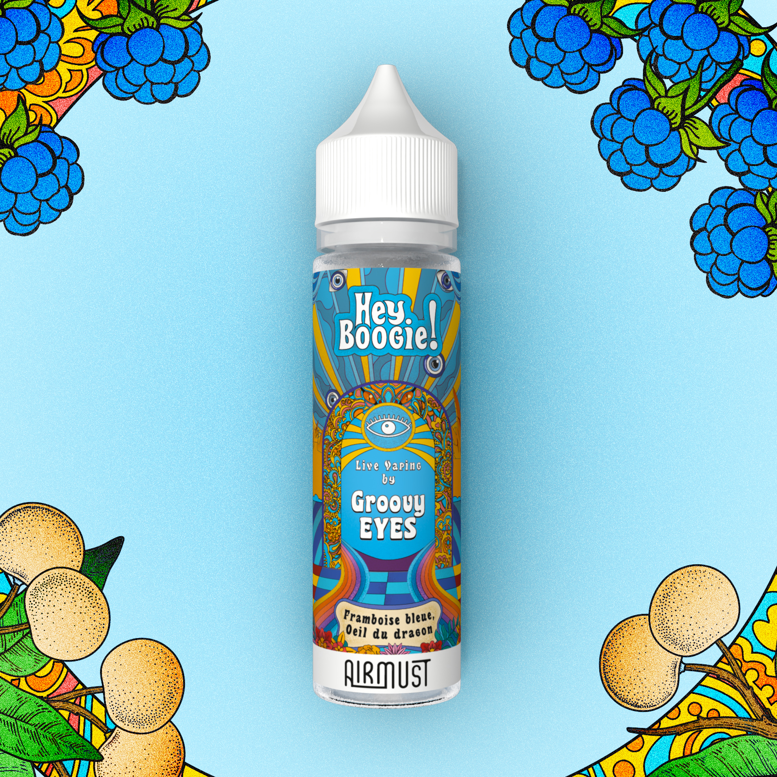 Hey Boogie • Groovy Eyes 60ml Emportez le Groovy Eyes pour un verre en terrasse : un mélange inédit entre une framboise bleue acidulée et l’œil du dragon ou “Longan”, fruit tropical cousin du litchi à la saveur douce et sucrée.