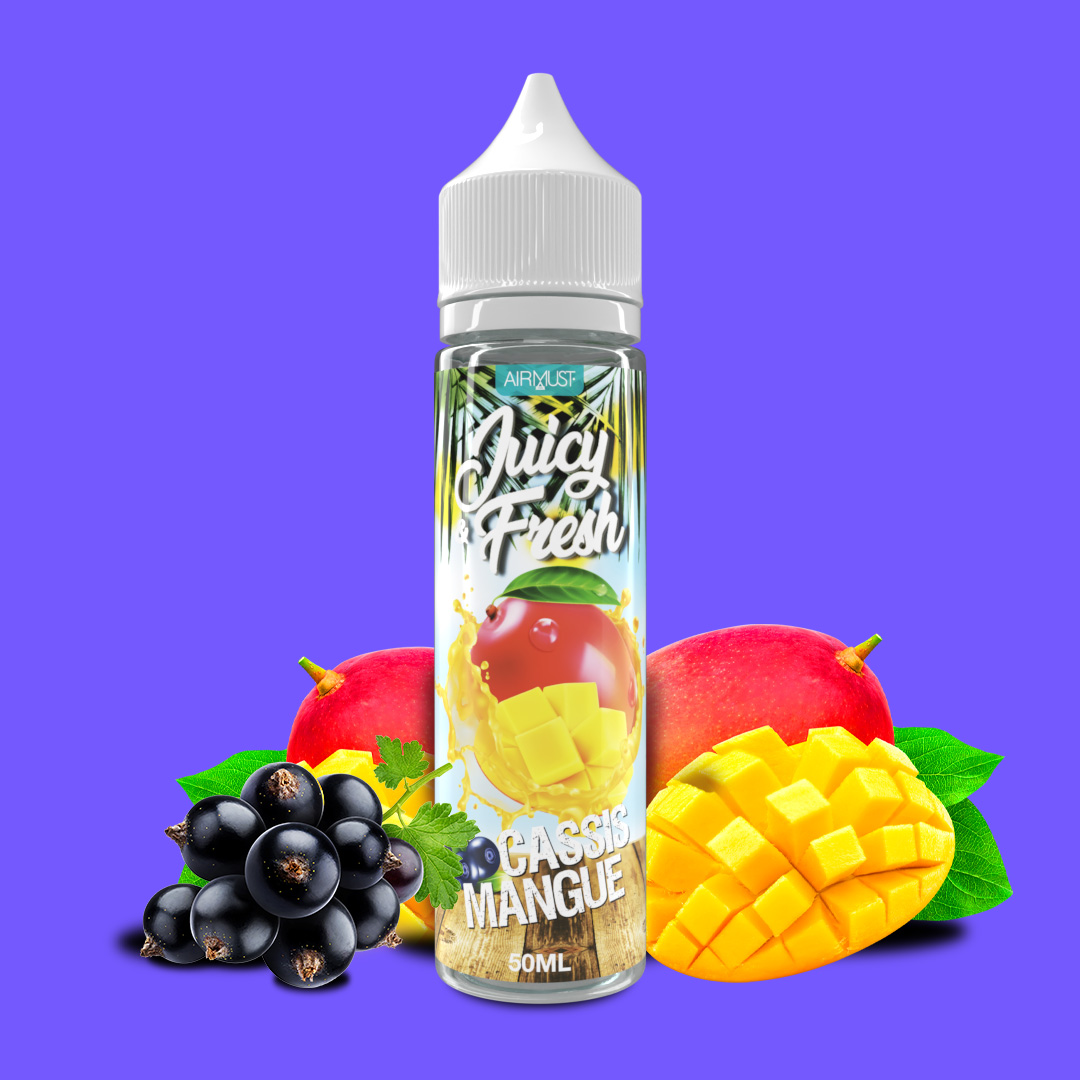 Juicy & Fresh • Cassis Mangue 60ml Ce duo cassis mangue est la parfaite combinaison de la mangue exquise et et du cassis au léger goût acidulé.