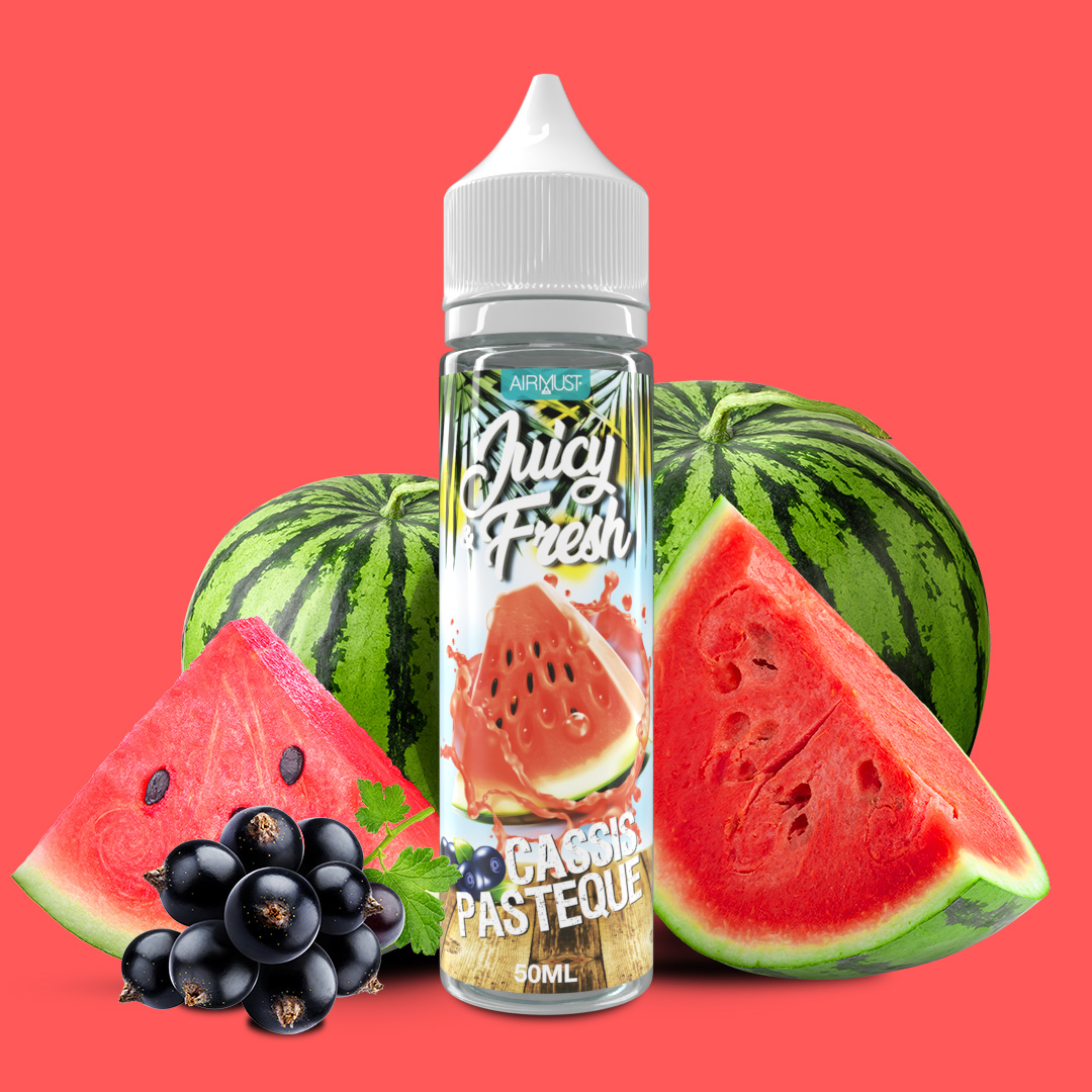Juicy & Fresh • Cassis Pastèque 60ml Un jus ultra rafraîchissant qui combine une pastèque gorgée d'eau sucrée et du cassis acidulé et fruité. 