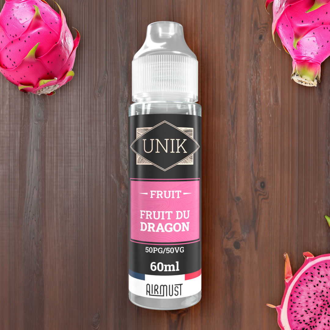 Unik • Fruit du Dragon 60ml Une pulpe blanche, des graines noires dans une jolie coque rose : retrouvez le goût légèrement sucré et exotique du fruit du dragon. 