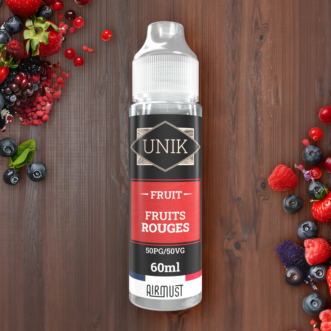 Unik • Fruits Rouges 60ml Une salade de fruits rouges composée d'un mélange de fraises, framboises, myrtilles et mûres.