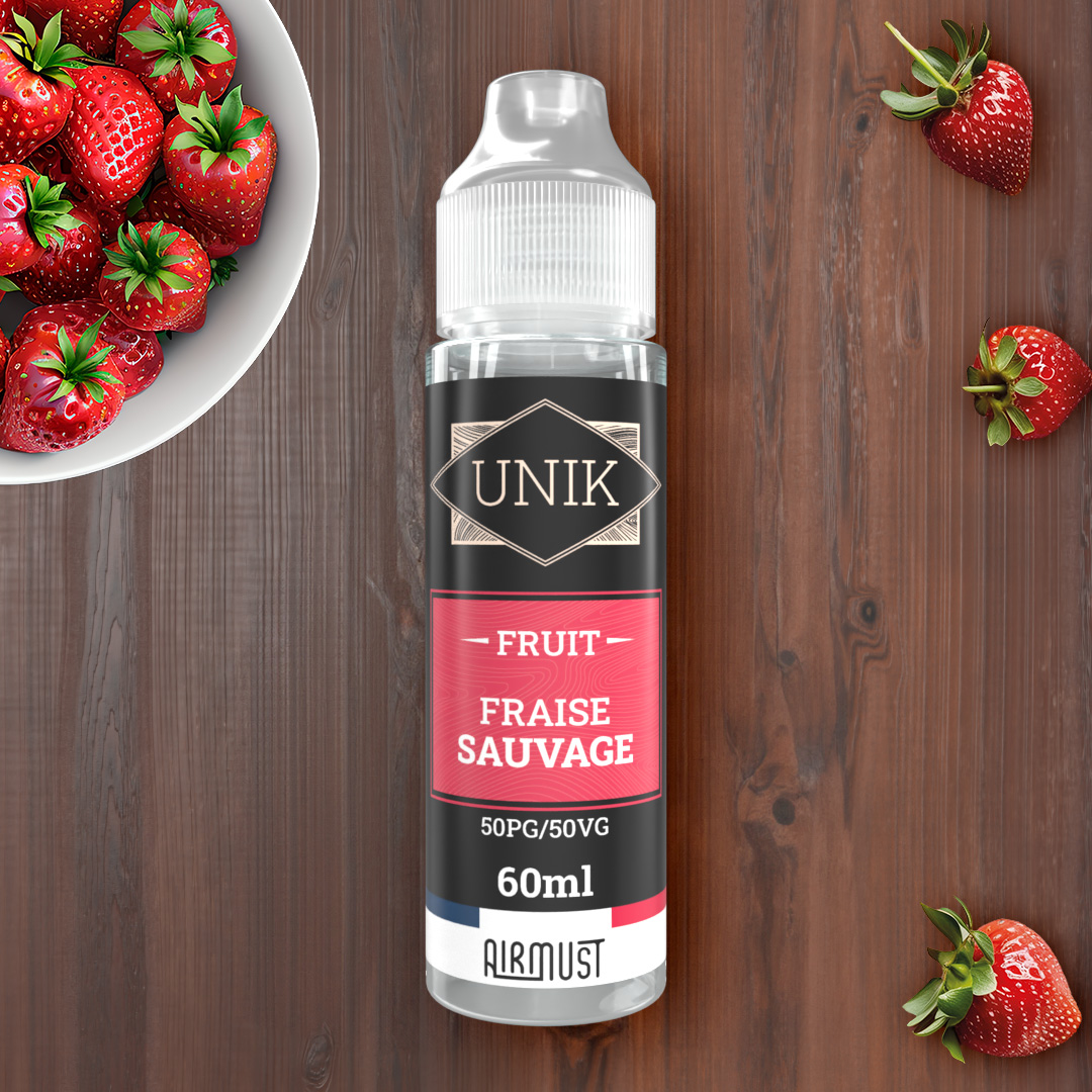 Unik • Fraise Sauvage 60ml L’essence pure et délicate de fraises fraîchement cueillies en pleine nature. Une saveur fruitée intense et naturellement sucrée.