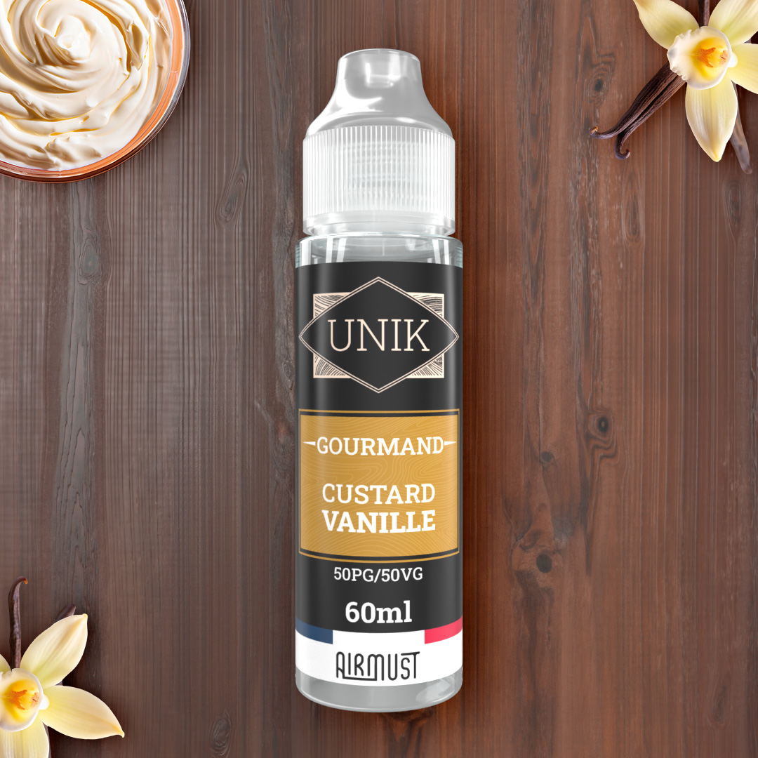 Unik • Custard Vanille 60ml La fameuse crème aromatisée à la gousse de vanille, pour une vape ronde en bouche.