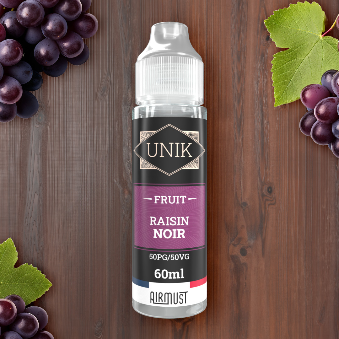 Unik • Raisin noir 60ml Le goût singulier d'une grappe gorgée d'eau et de soleil. A la vape retrouvez le goût sucré et doux du raisin noir. 