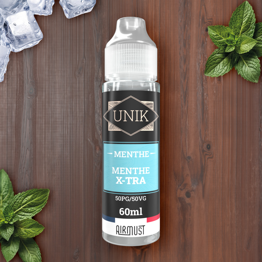 Unik • Menthe X-TRA 60ml Pour les amateurs de menthe extra forte : la fraîcheur glaciale et intense des feuilles de menthe broyées.