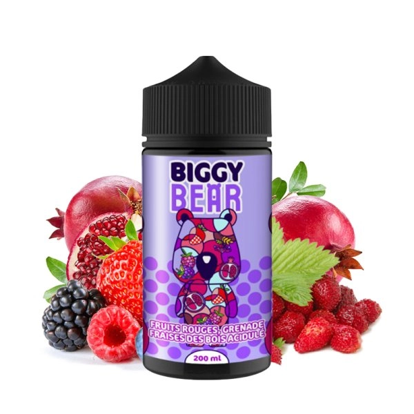 Fruits Rouges Grenade Fraise Des Bois Acidulée 0mg 200ml - Biggy Bear   Une combinaison sucrée de fruits rouges fraîchement cueillis, sublimée par une note de grenade juteuse.