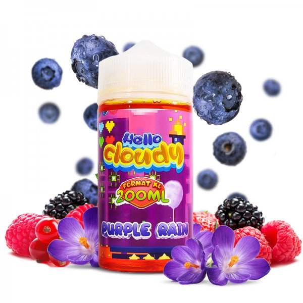 Purple Rain 0mg 200ml - Hello Cloudy   Une barba à papa à la violette composée de juteuses myrtilles et d'un lit de fruits rouges coulant et frais.