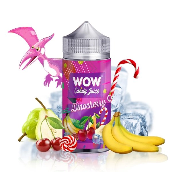 Dinocherry 0mg 100ml - WOW by Candy Juice   La banane et la poire fraîche forment un eliquide fruité auquel s'ajoute une cerise sucrée et une sucette croquante !