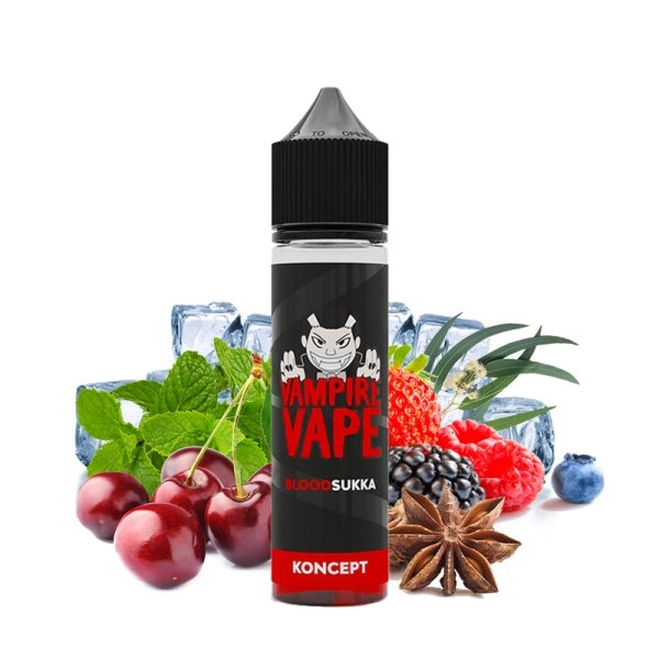 Blood Sukka 0mg 50ml - Koncept XIX by Vampire Vape   Un mélange exceptionnel de cerises, baies, fruits des bois et d'eucalyptus accompagné d'anis et de menthol.