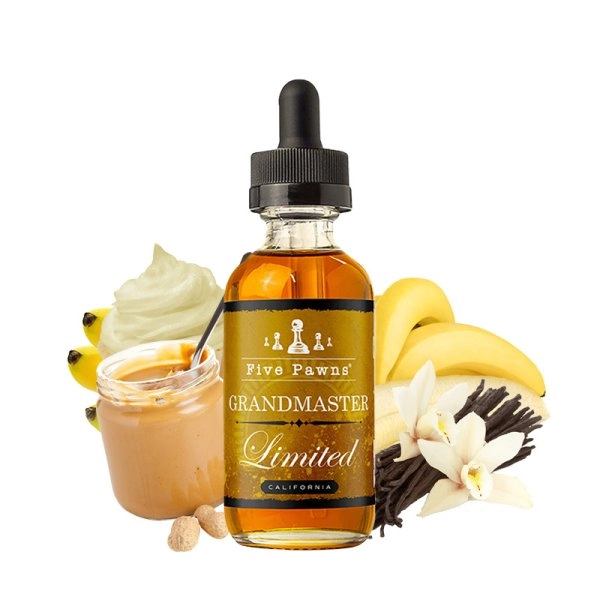 Grandmaster Limited Edition 0mg 60ml - Five Pawns   Une alliance de banane mûre, beurre de cacahuète et vanille onctueuse, enrichie par des notes élégantes de cognac ainsi qu'une généreuse custard. 