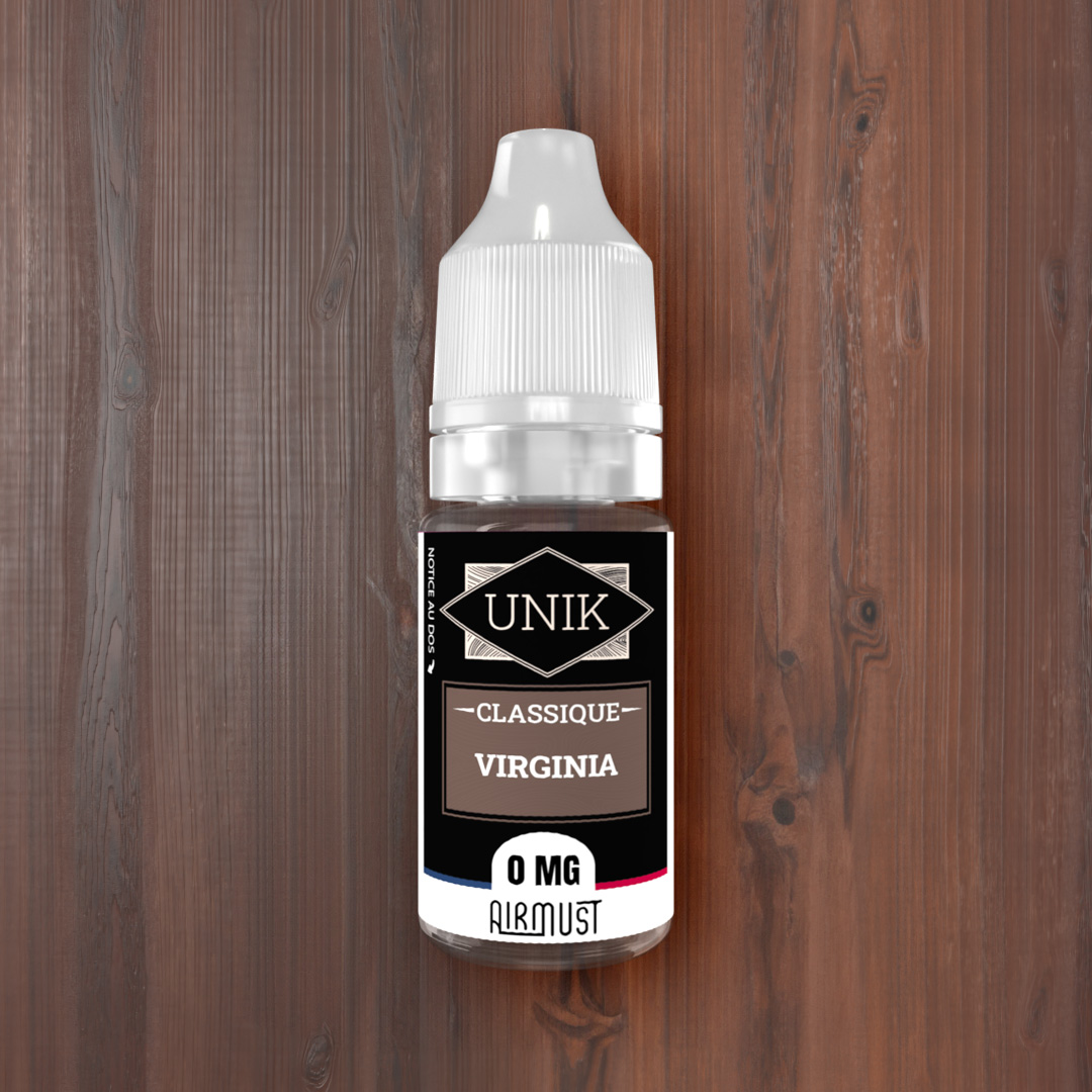 Unik • Virginia 10ml AIRMUST Un tabac blond légèrement fumé et boisé, évoquant le café. 