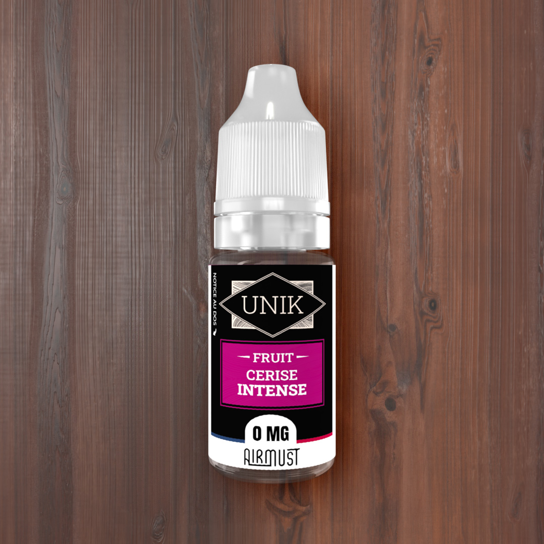 Unik • Cerise Intense 10ml AIRMUST Un goût fruité et sucré de cerise mûre légèrement acide qui vous rappellera vos cueillettes d'été.