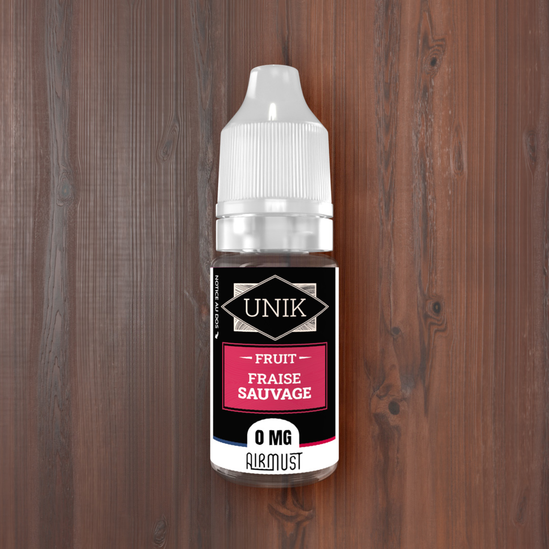 Unik • Fraise Sauvage 10ml AIRMUST Une cueillette de fraises sauvages vous donnera ce goût si reconnaissable et sucré du fruit bien mûr.
