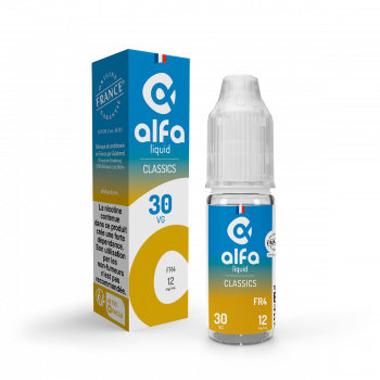 FR4 70/30 Classics Alfaliquid 10ml  Découvrez ou redécouvrez le FR-4 d'Alfaliquid. Un Classic blond robuste agrémenté de subtiles notes de Fruits à la coque et d'une pointe de Caramel sucré et acidulé.