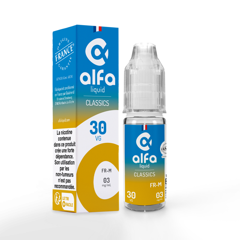 Le e-liquide FR-M d'Alfaliquid est disponible en flacon de 10 ml. Il offre une saveur de classic blond avec une touche subtile de fruits rouges. Ce liquide ne contient pas d'arômes mentholés ou frais.