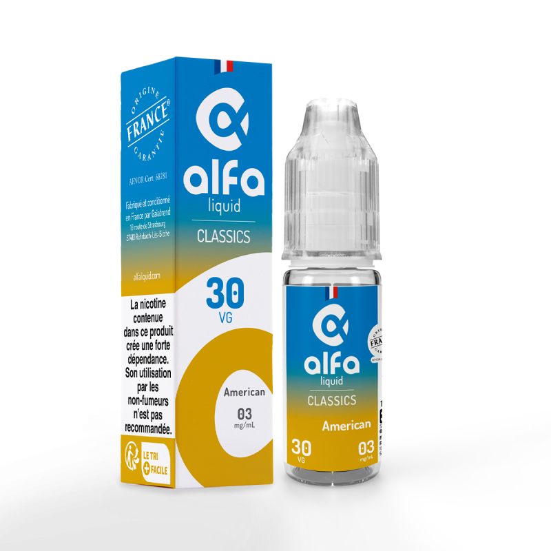 American 70/30 Classics Alfaliquid 10ml Saveur: caramel, classic, vanille PG/VG: 76/24 Découvrez ou redécouvrez l'American d'Alfaliquid, un Classic blond corsé, agrémenté de subtiles notes de Vanille.