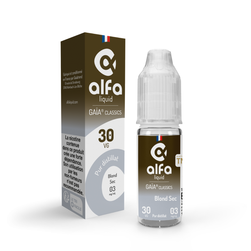 Le e-liquide Blond Sec Gaïa Classics d'Alfaliquid est proposé en flacon de 10 ml. Il offre une saveur de classic blond associée à des notes de fruits à coque. Ce liquide ne contient pas d'arômes frais ou mentholés. 