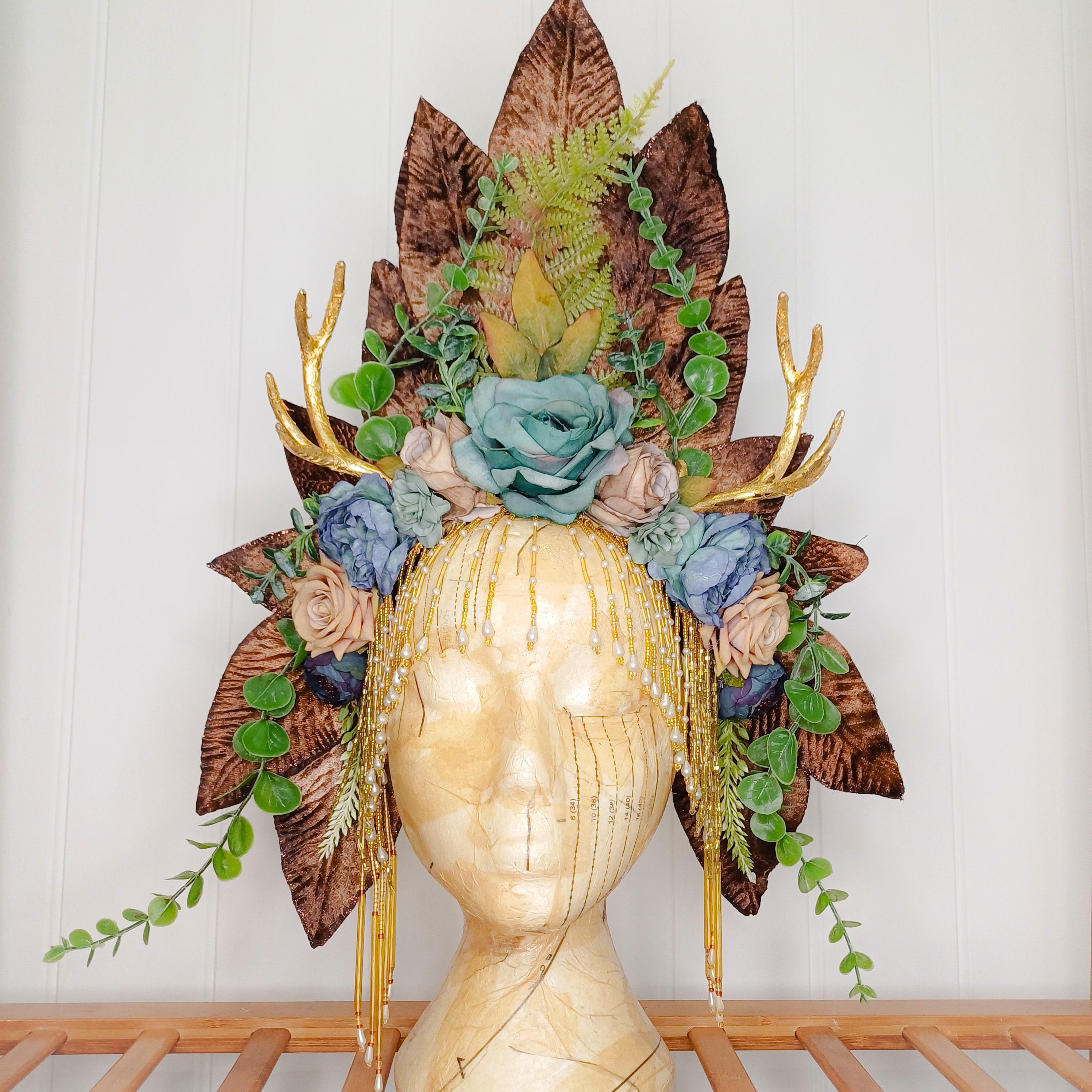 Floral headdress with gold antlers