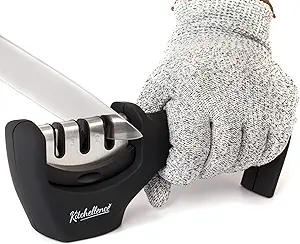 4-in-1 Kitchen Knife Accessories: 3-Stage Knife Sharpener Helps Repair, Restore, Polish Blades and Cut-Resistant Glove (Black)