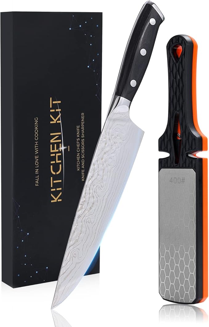 Knife Sharpeners Chef Knife, Kitchen Kit 8 Inches Non-Stick Stainless Steel Ultra Sharp Kitchen Knives for Home Kitchen， Professional 5-in-1 Sharpening stone with 3 Slots for Knives Scissors