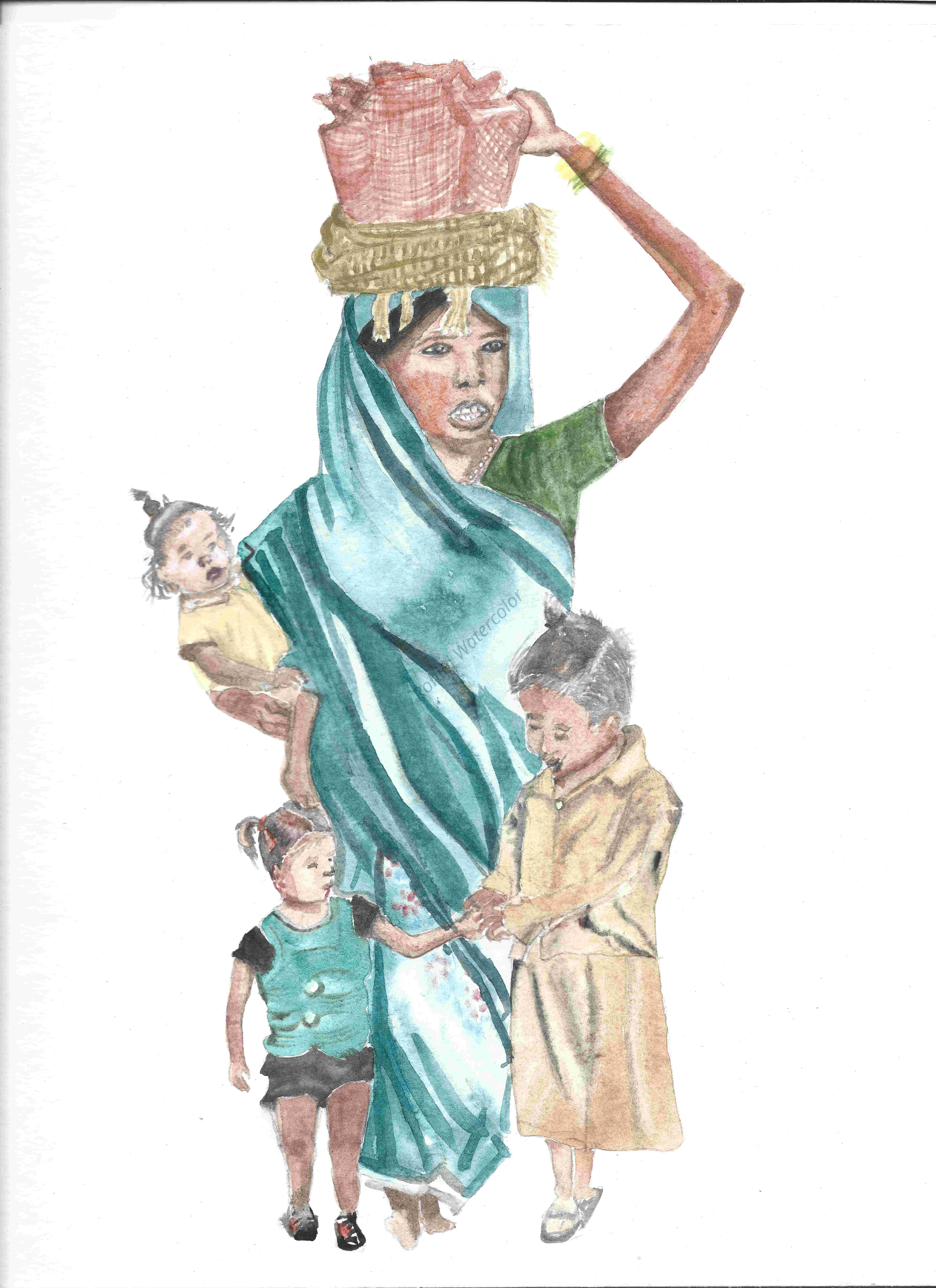 Watercolor Painting of a Woman with Children