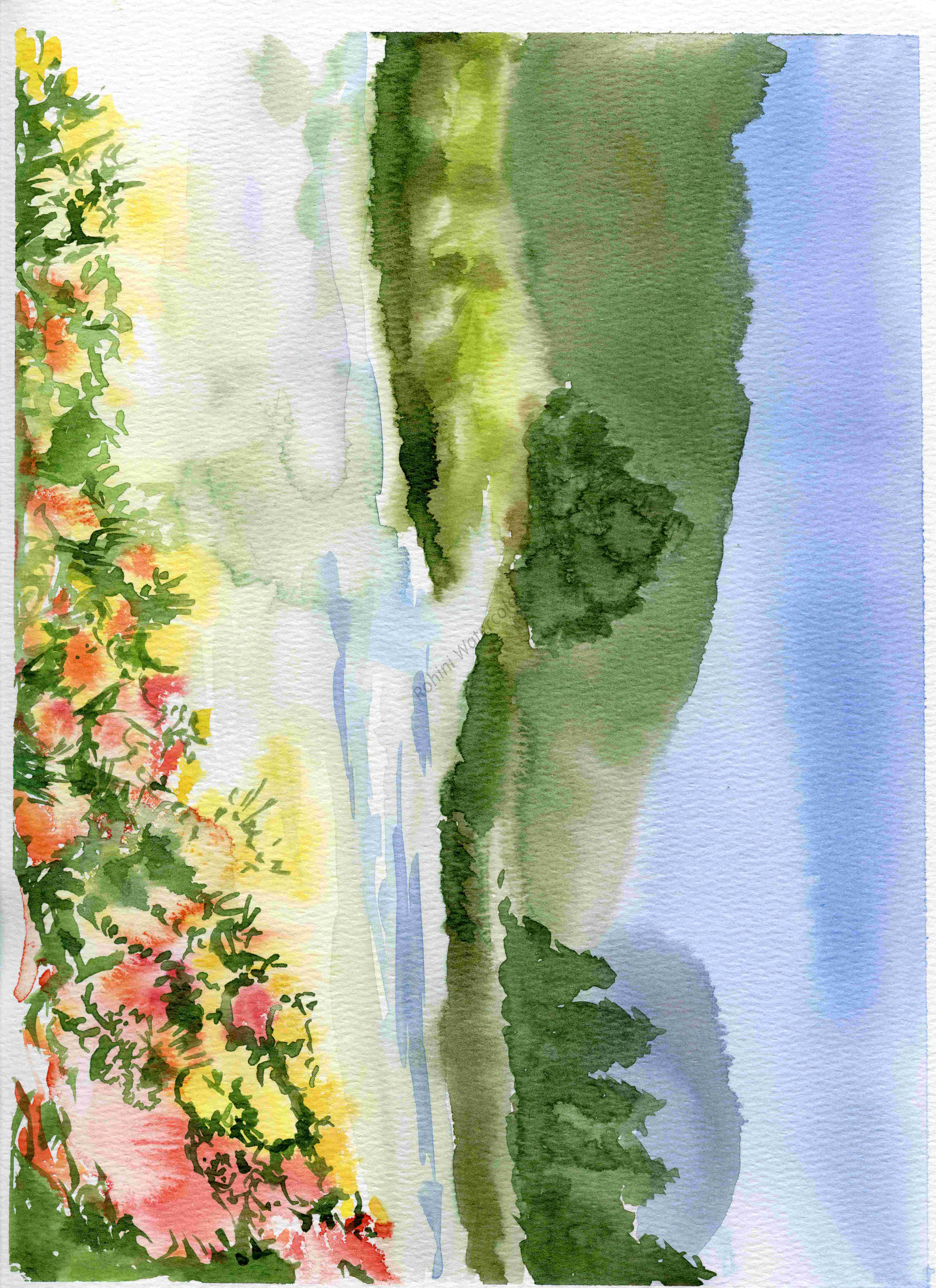Peaceful Mountain River Scene with Vibrant Flowers