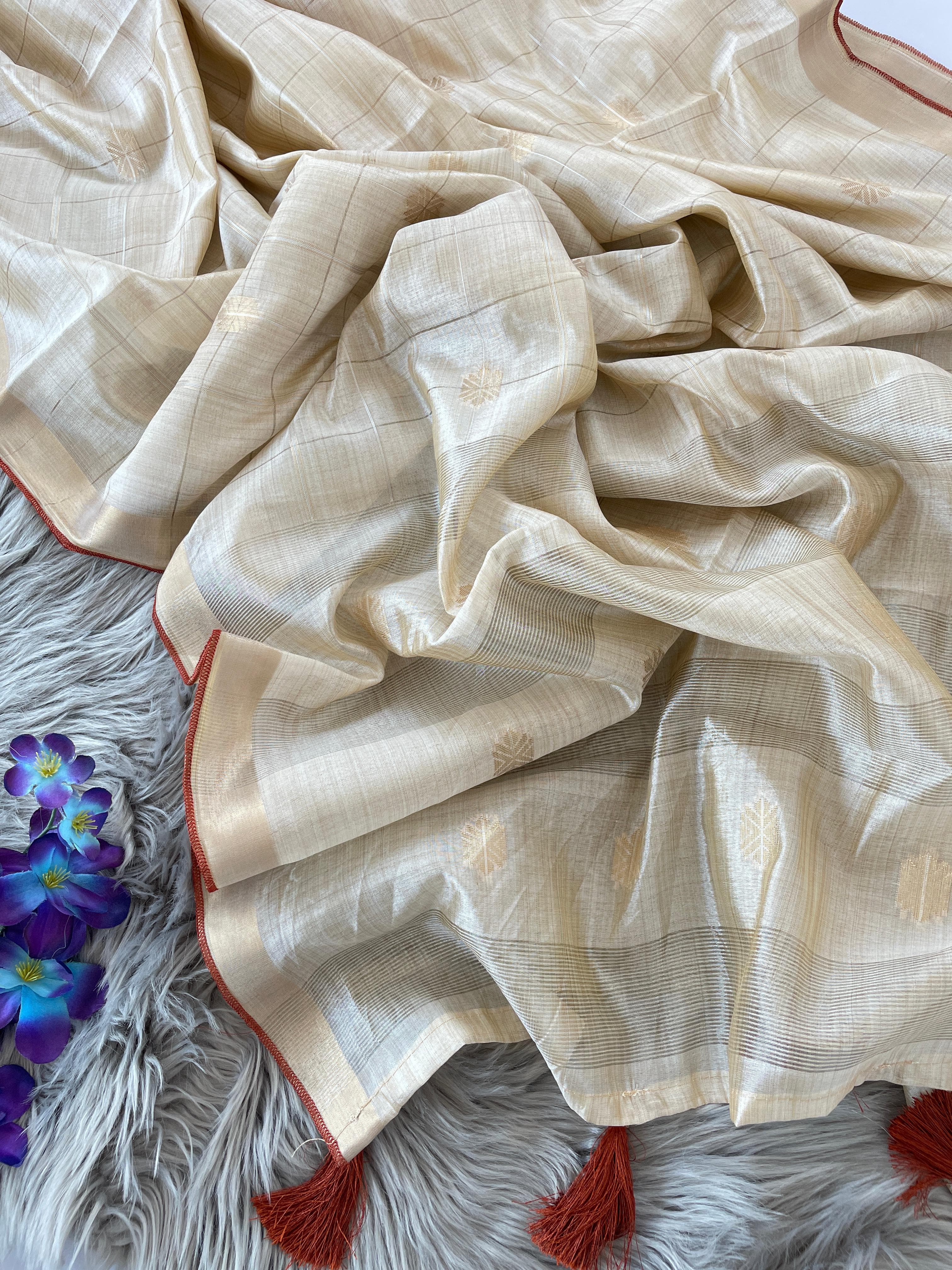 Off-White Kerala Cotton Tussar Silk Saree with Golden Zari