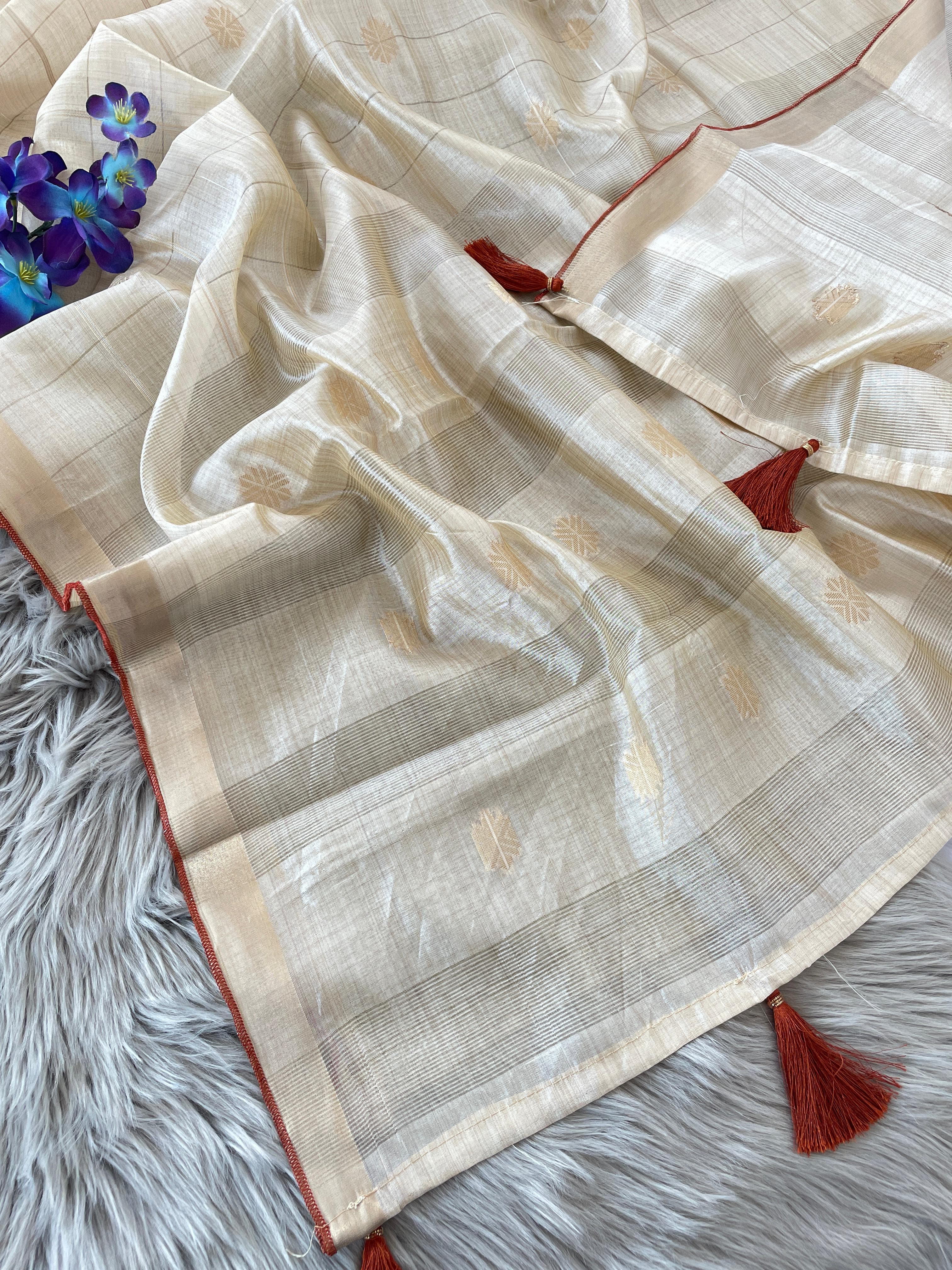 Off-White Kerala Cotton Tussar Silk Saree with Golden Zari