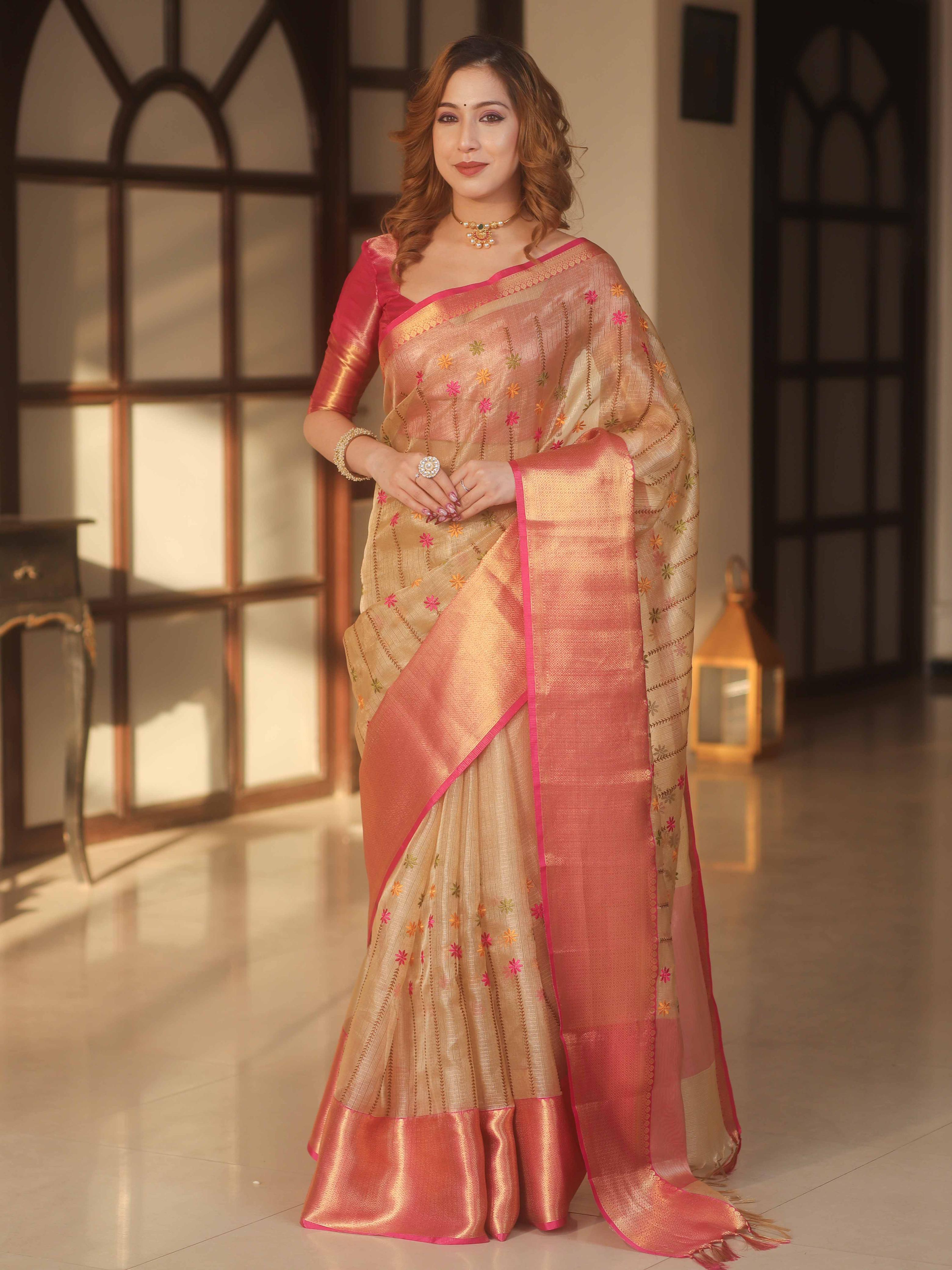 Banarasee Handwoven Embroidery Tissue Saree With Zari Broad Border-Gold & Pink