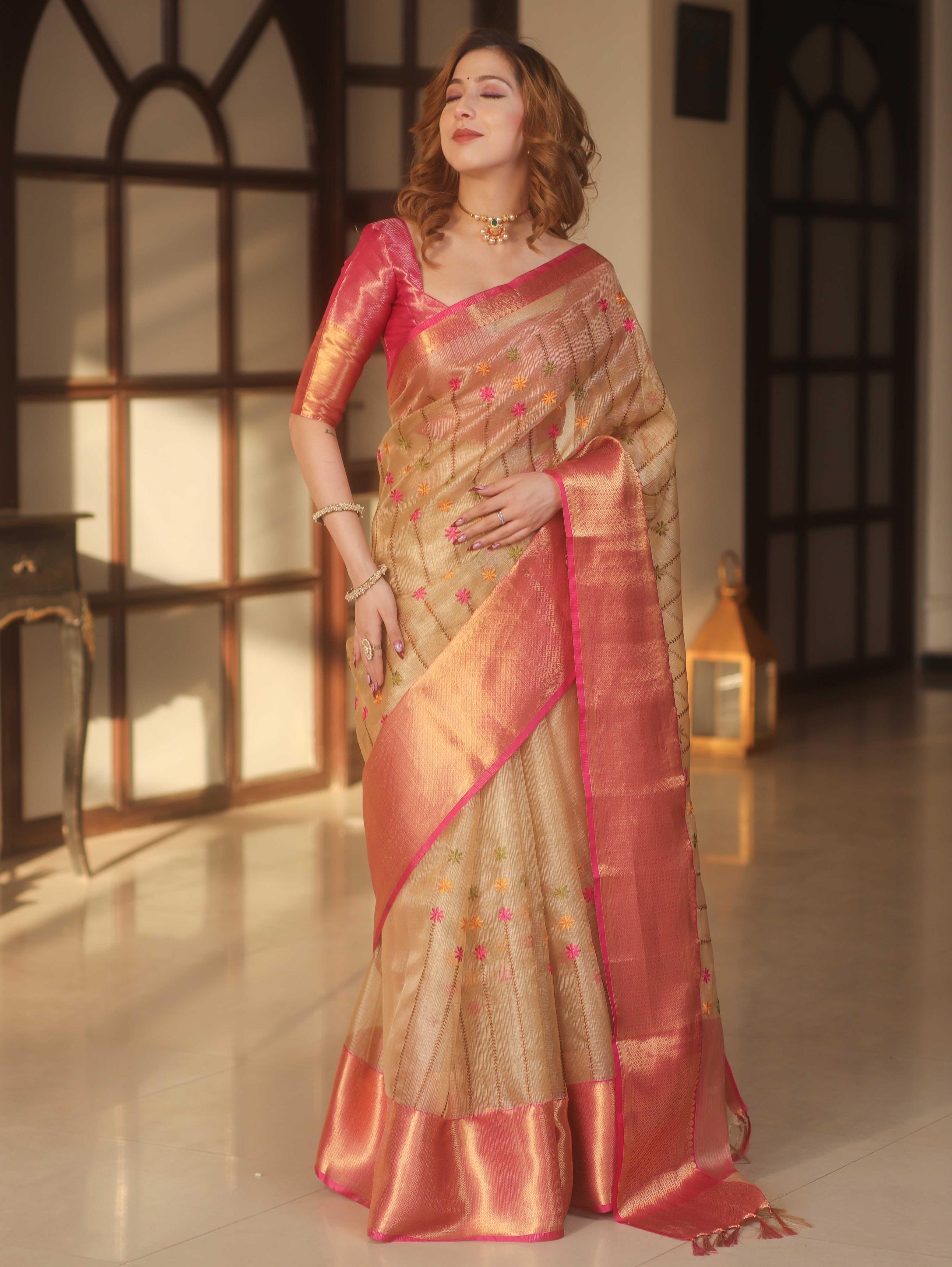 Banarasee Handwoven Embroidery Tissue Saree With Zari Broad Border-Gold & Pink