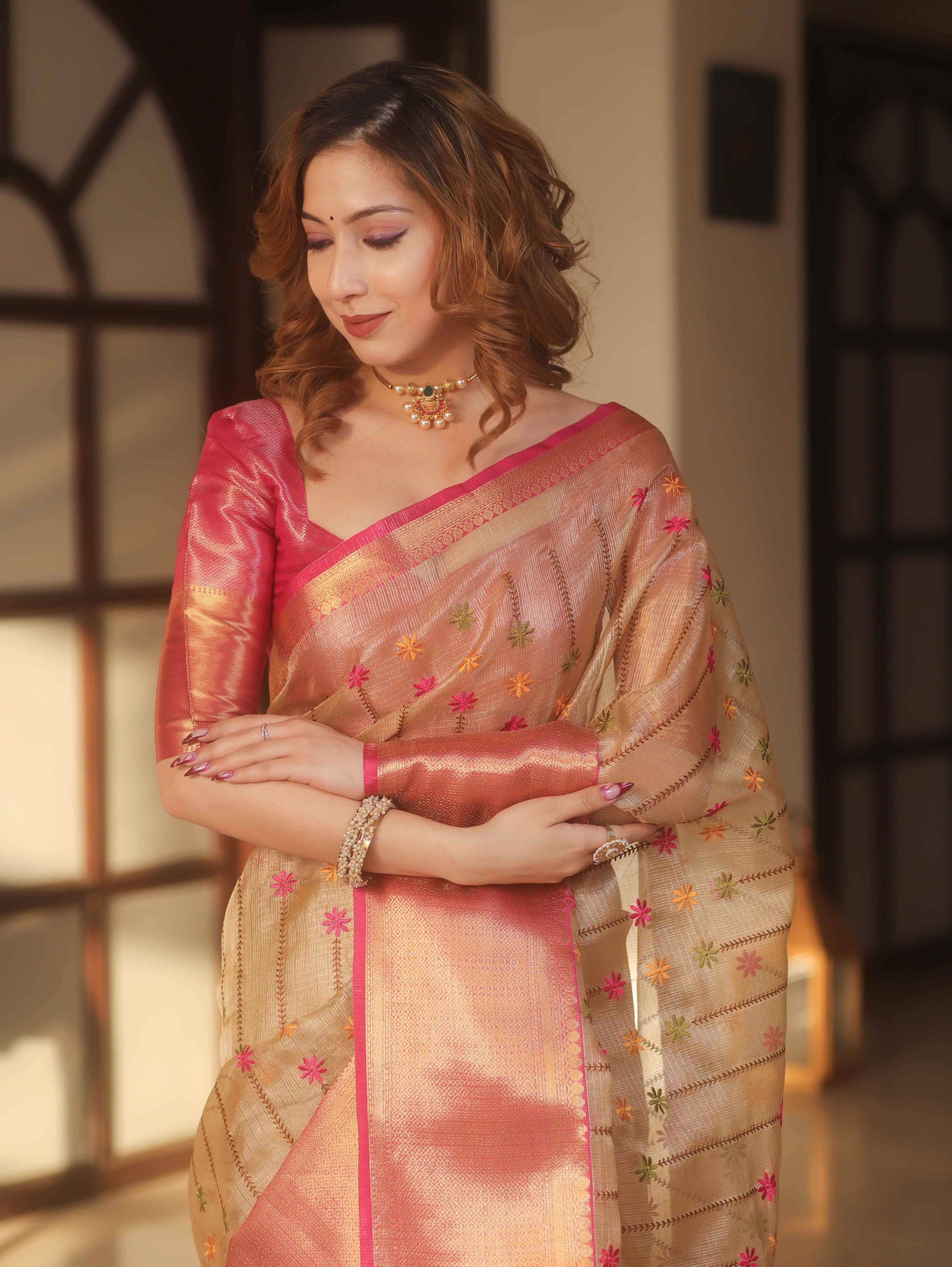 Banarasee Handwoven Embroidery Tissue Saree With Zari Broad Border-Gold & Pink