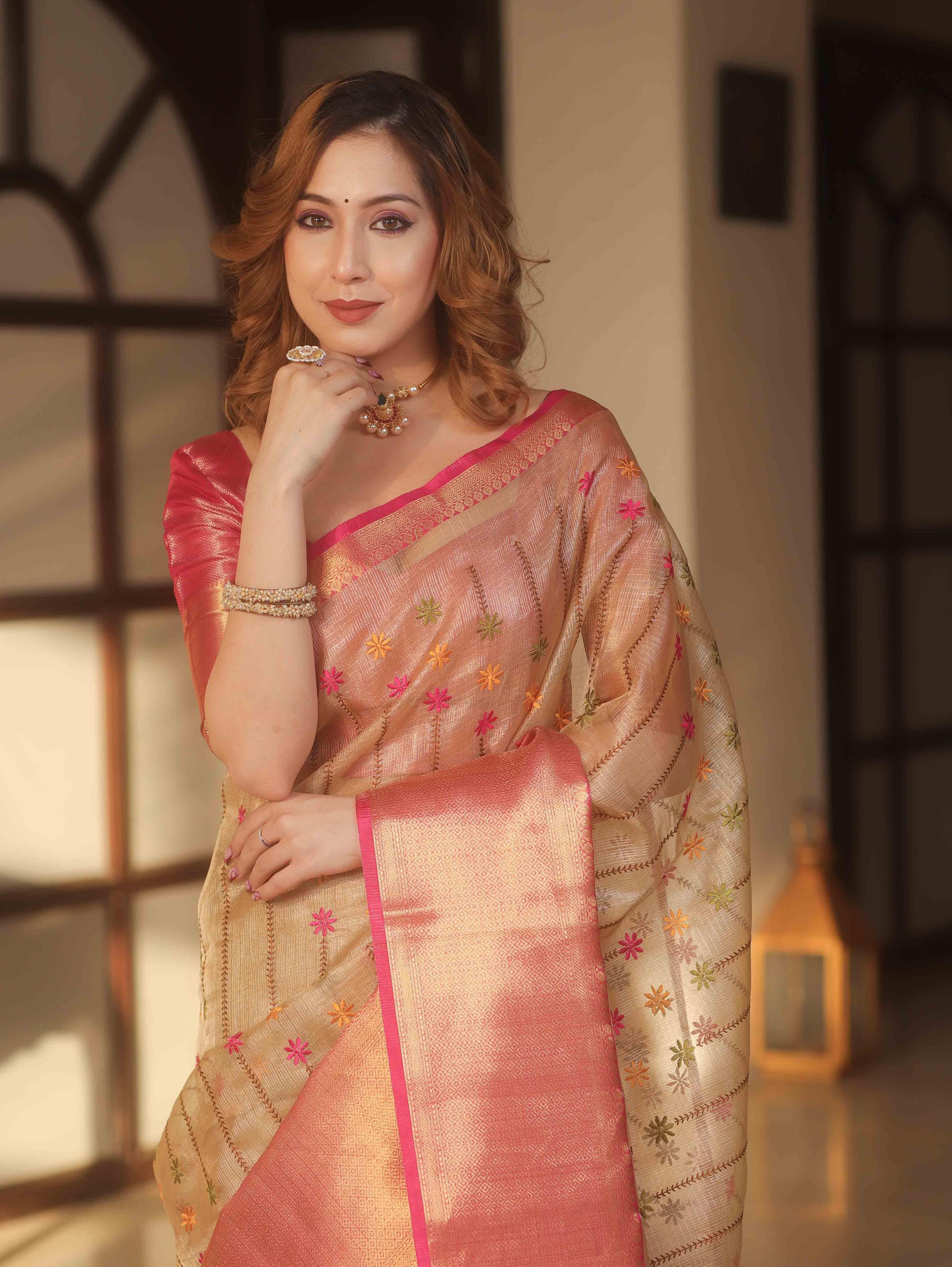 Banarasee Handwoven Embroidery Tissue Saree With Zari Broad Border-Gold & Pink