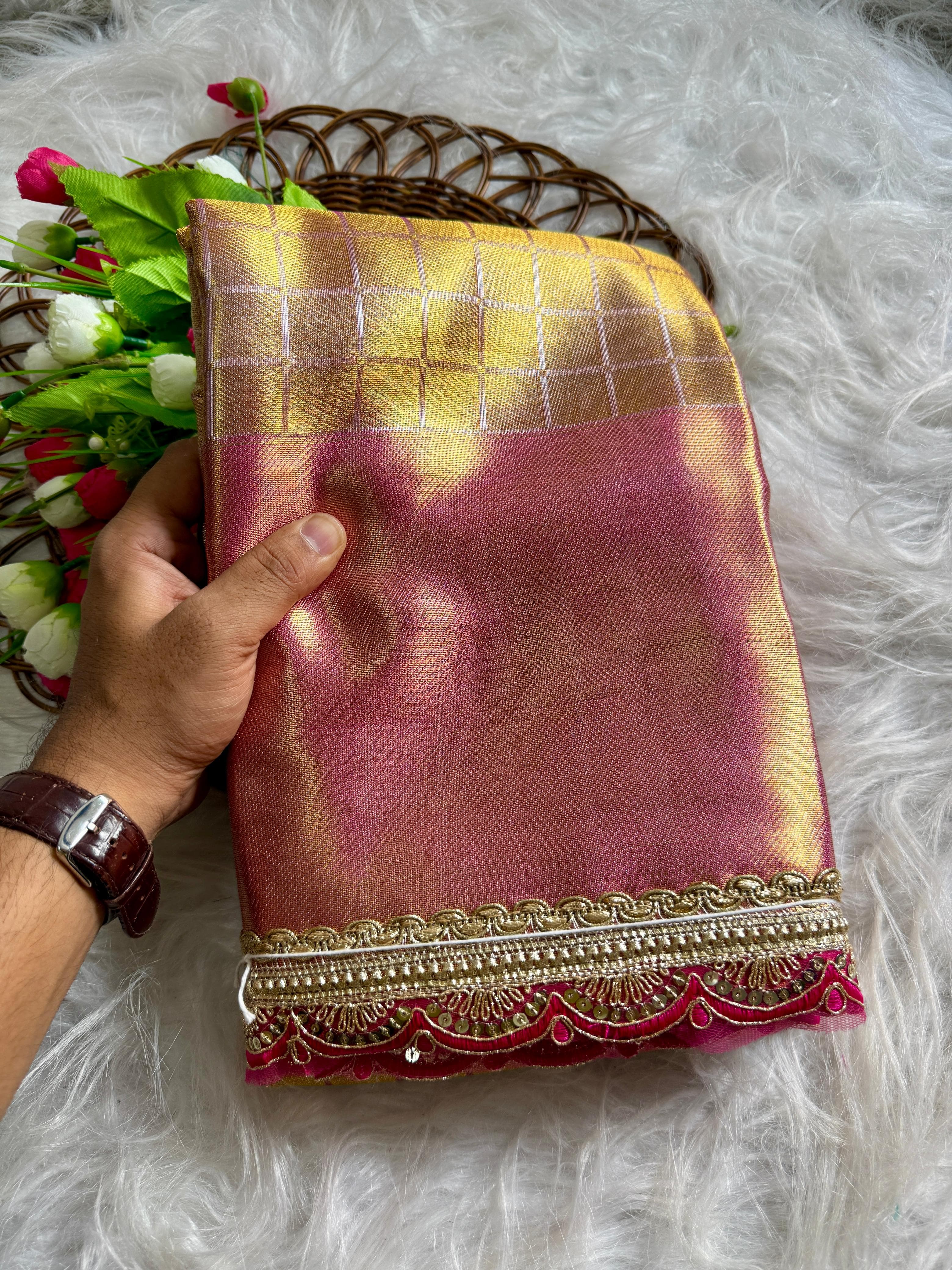 Soft Tissue Silk Saree with chex design, rich pallu, and brocade blouse