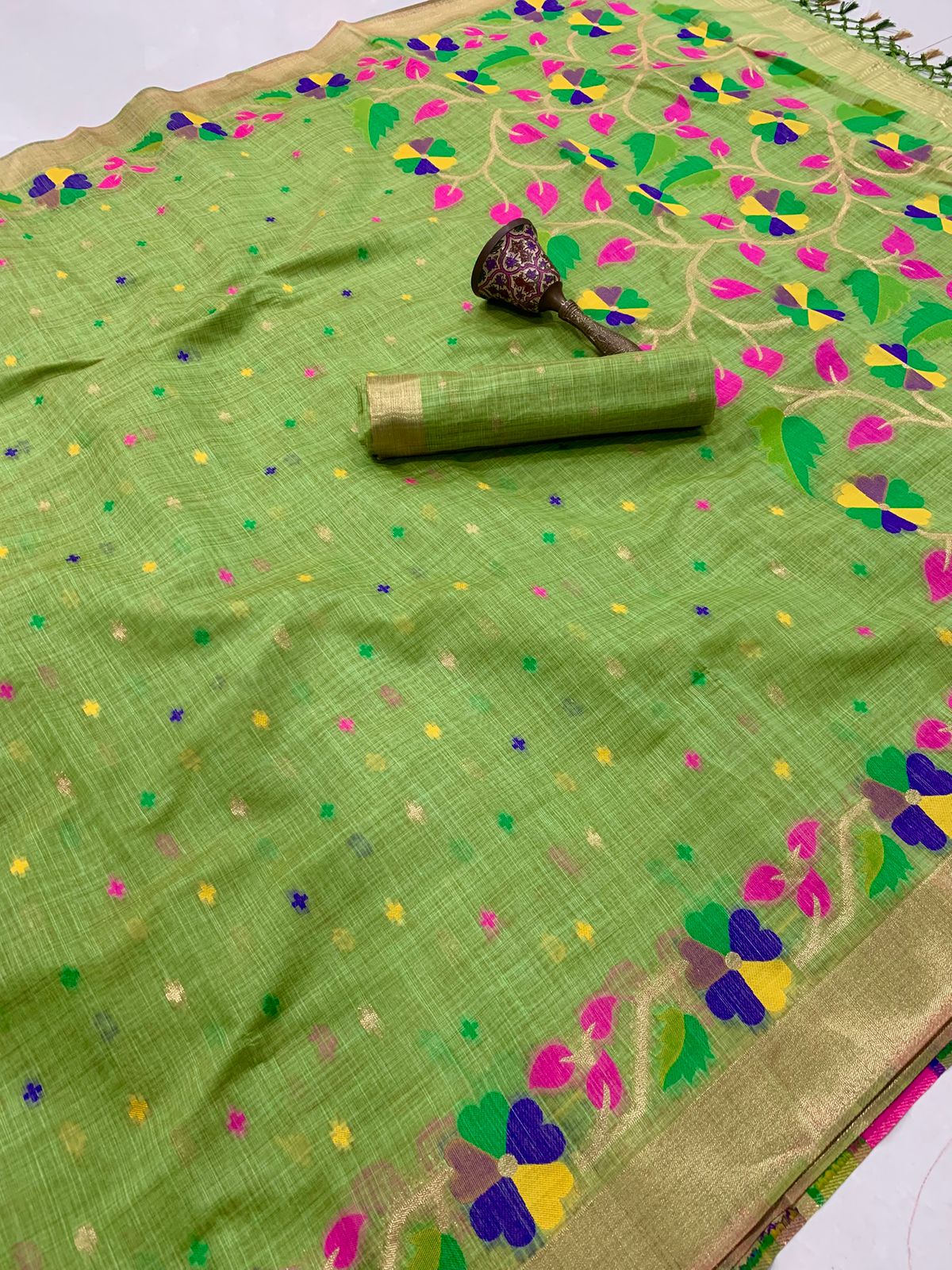 Pure Soft Muga cotton Jamdani Weaving Paithani