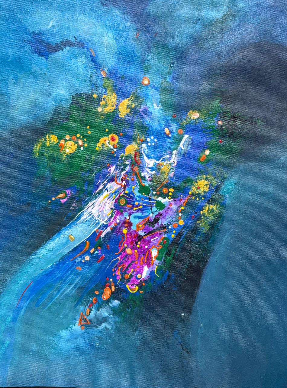 Title: Celestial Drift I Size: 45 cm × 45 cm I Medium: Acrylic on Canvas I Presentation: Framed I Price: On Request I Prints: Limited Edition Available with Authenticity Certificates