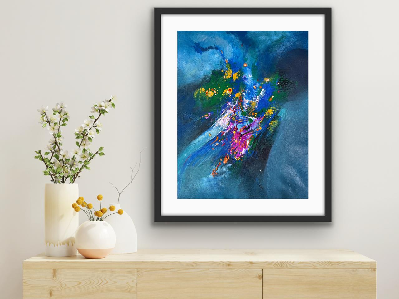 Title: Celestial Drift I Size: 45 cm × 45 cm I Medium: Acrylic on Canvas I Presentation: Framed I Price: On Request I Prints: Limited Edition Available with Authenticity Certificates