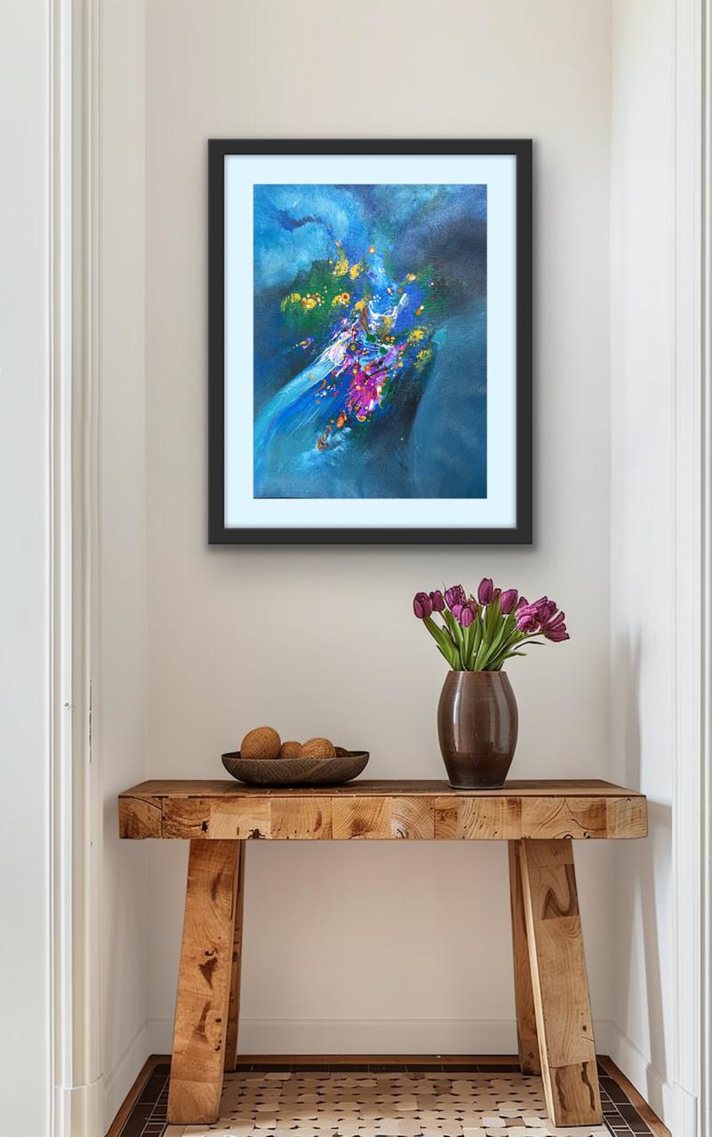 Title: Celestial Drift I Size: 45 cm × 45 cm I Medium: Acrylic on Canvas I Presentation: Framed I Price: On Request I Prints: Limited Edition Available with Authenticity Certificates