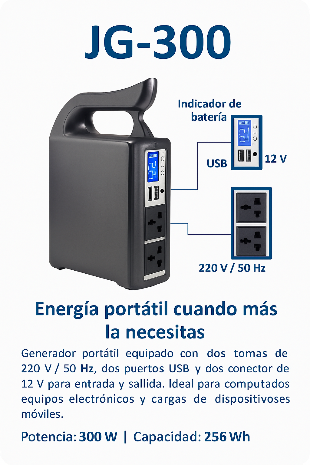 Estación de Energía Portable de 300 W y 256 Wh modelo JG-300-C-12V-A