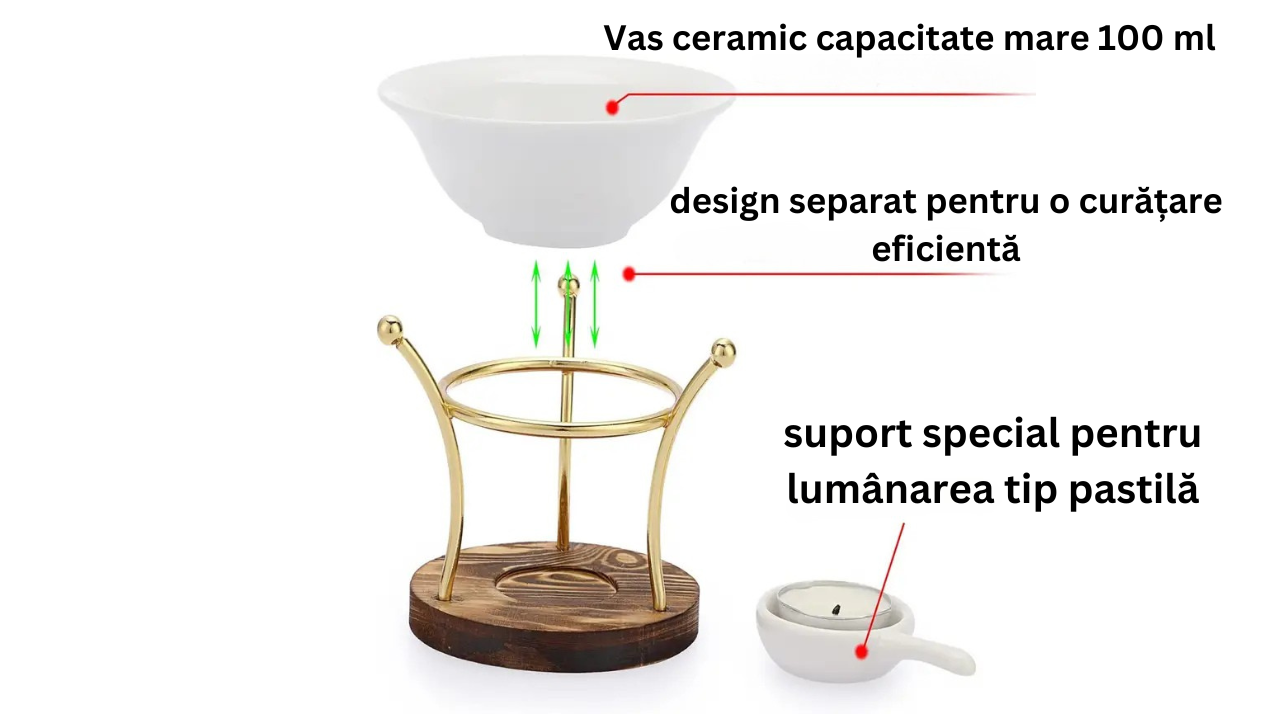 Difuzor Aromaterapie Vas Ceramic Alb suport auriu si suport pentru lumanarea de tip pastila