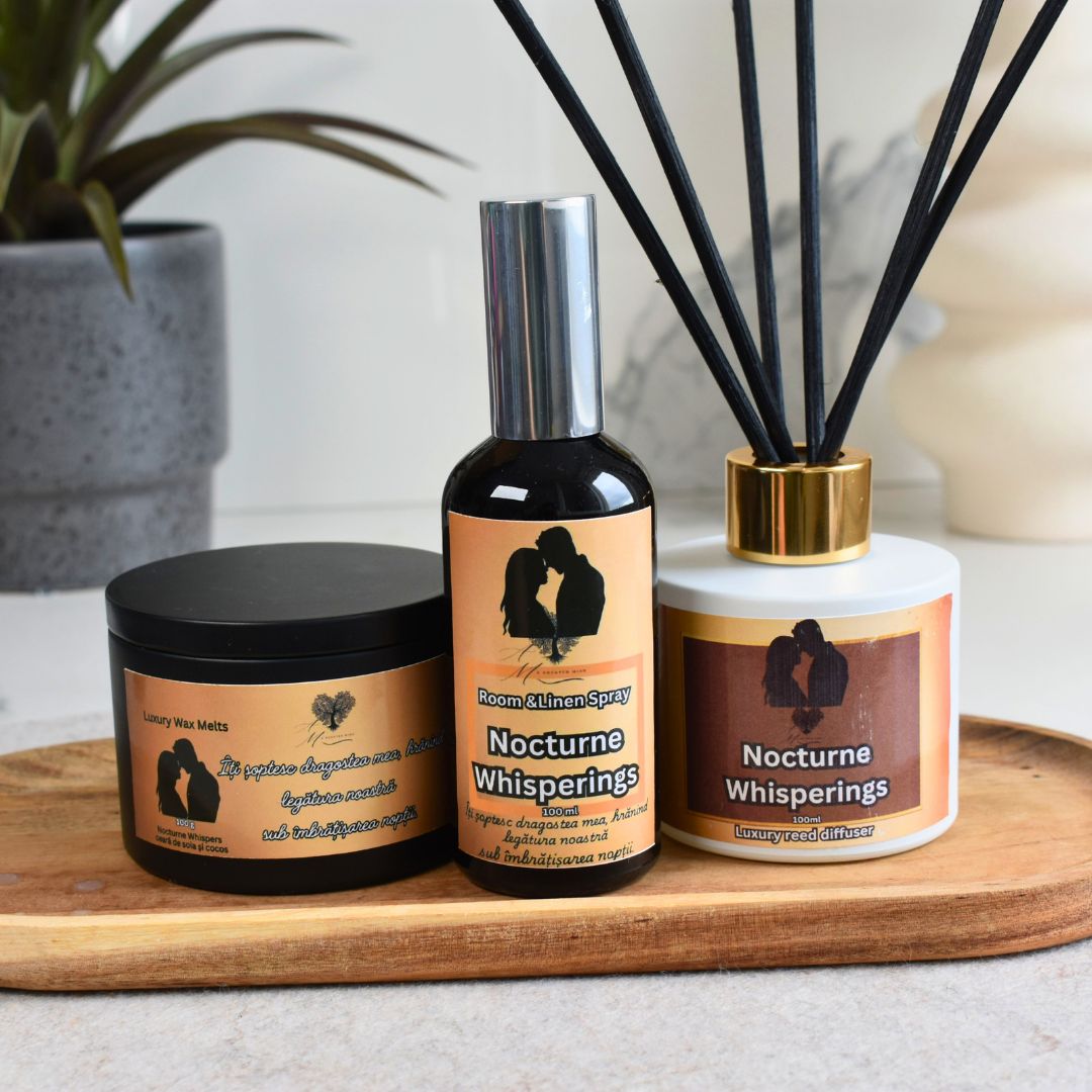 Setul Nocturne Whisperings-wax melts,room&linen spray și odorizant cu bețisoare