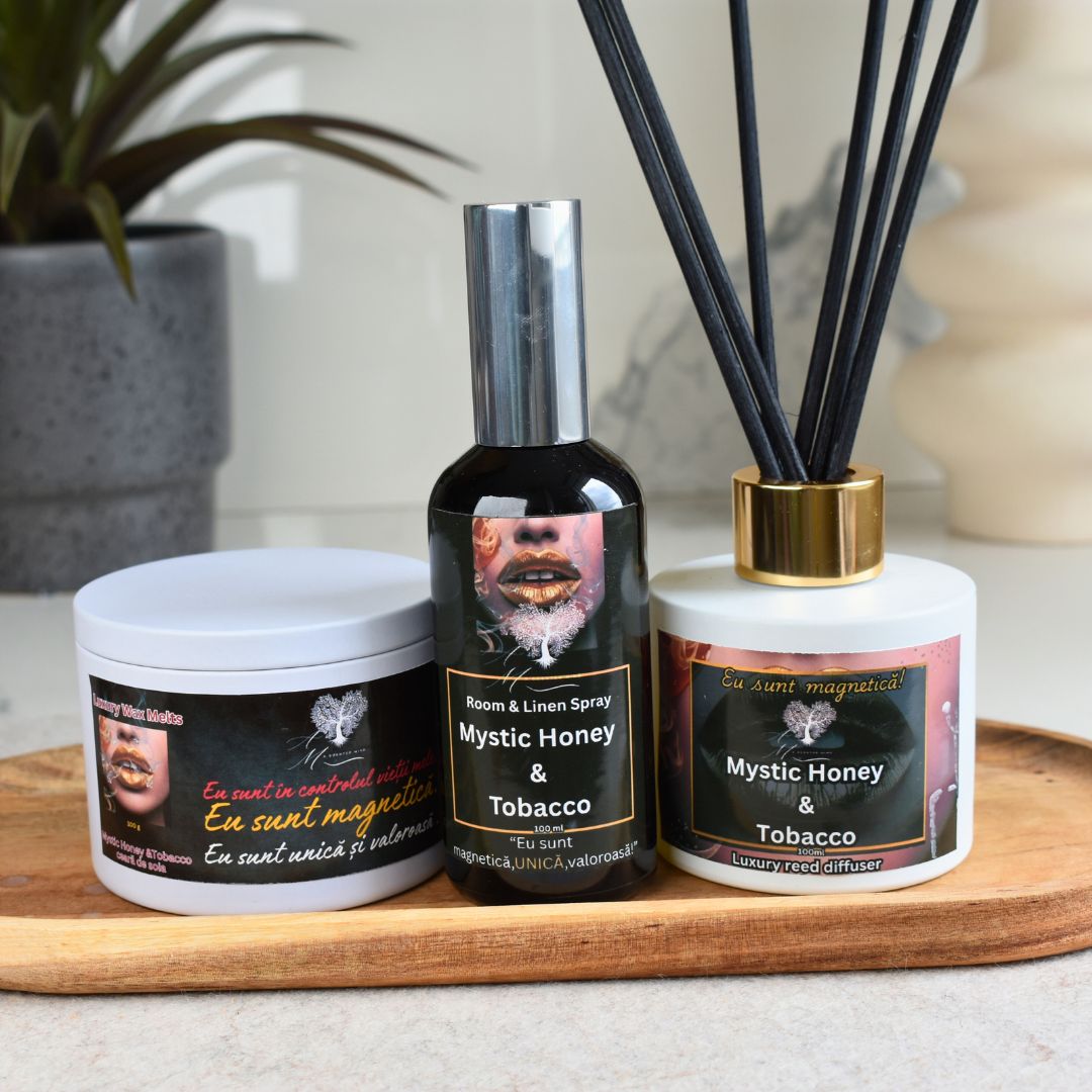 Setul Mystic Honey & Tobacco-wax melts,room&linen spray și odorizant cu bețisoare