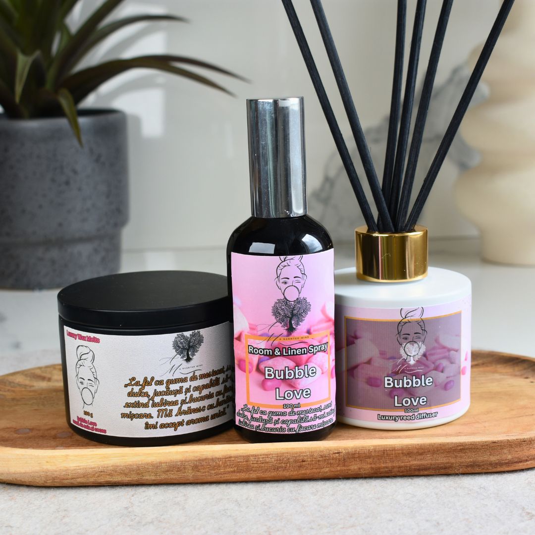 Setul Bubble Love-wax melts,room&linen spray și odorizant cu bețisoare