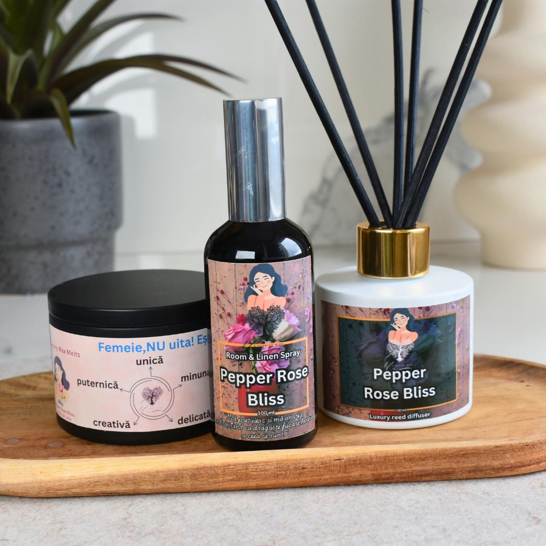 Setul Pepper Rose Bliss -wax melts,room&linen spray și odorizant cu bețisoare